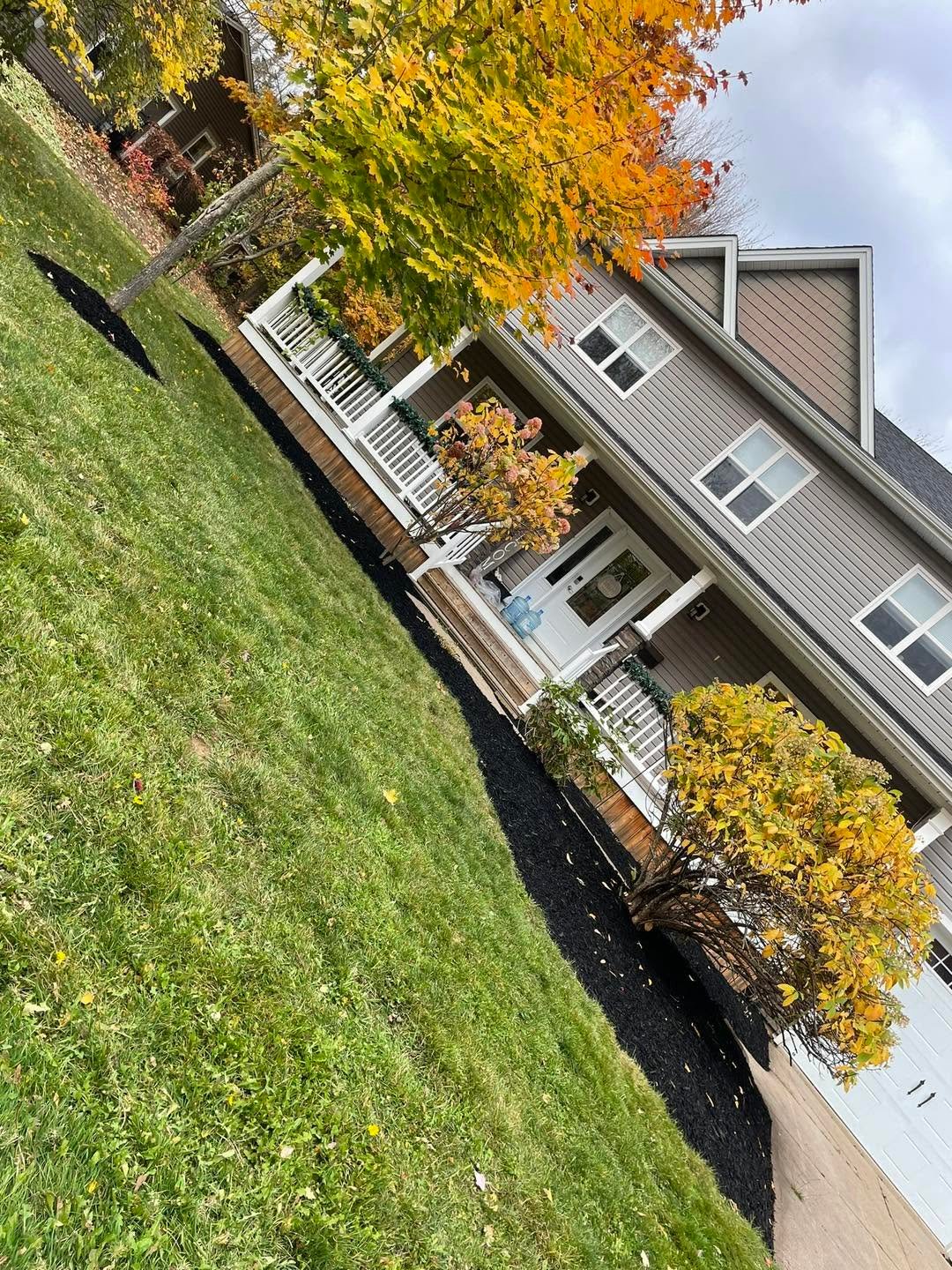 Landscaped backyard and green lawn