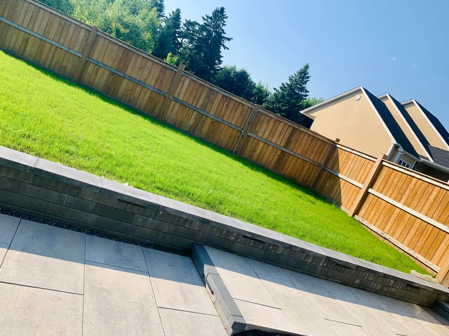 Regraded backyard lawn beside a low retaining wall